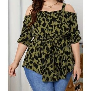 Casual Blouse, Women's Leopard Print  Button Decor Off Shoulder Puff Sleeves